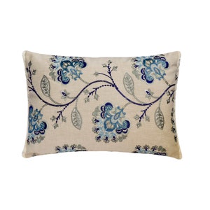 Decorative Oblong Cushion / Lumbar Pillow Cover Linen Fabric with Blue Floral Embroidery / Pearls and Lace Trim Contemporary Home - Floryn