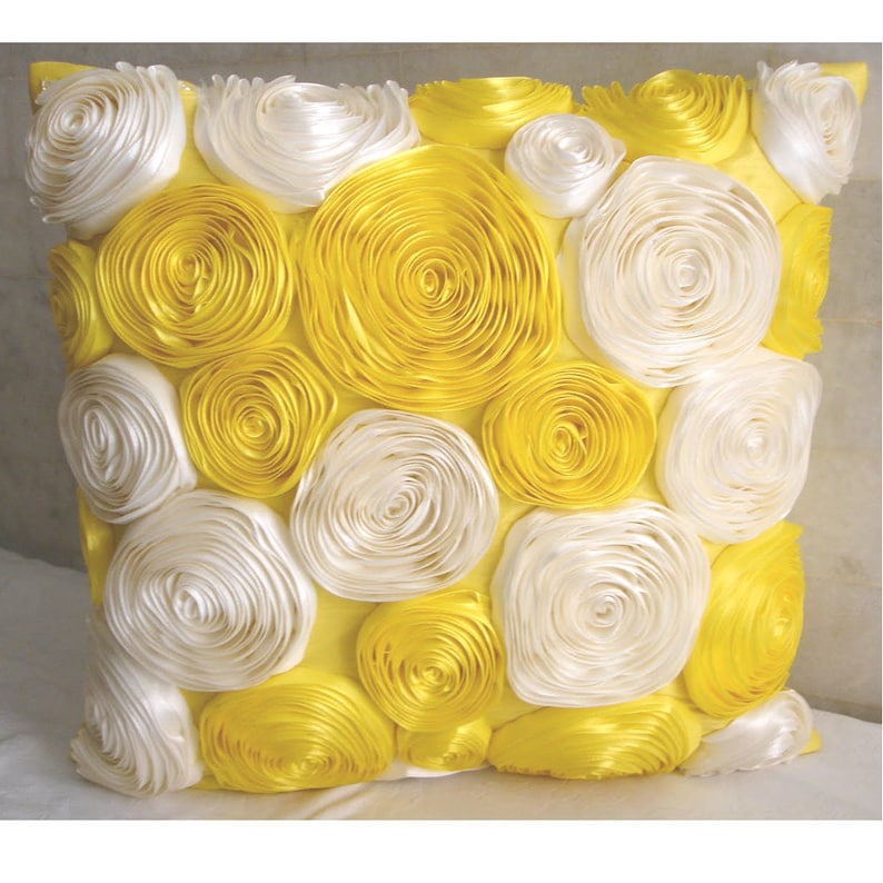 Sunny Yellow Blooms Euro Sham Cover Accent Pillow Decorative Pillow Throw Pillow 24x24 Inch Yellow Silk Pillow Sham Satin Ribbon Embroidery