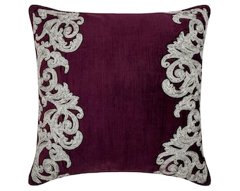 16"x16" Designer Tyrian Purple Toss Throw Pillow, Velvet Cushions Floral, Zardozi Art Deco Pillow for Sofa Bordered Home Decor - Art Nouveau