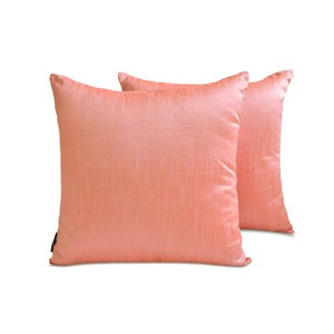 Pack of 2 Peach Coral Art Silk Pillow Covers, Square Throw Pillow Covers, Solid Cushion Covers, Iridescent Pillow Case - Peach Coral Luxury