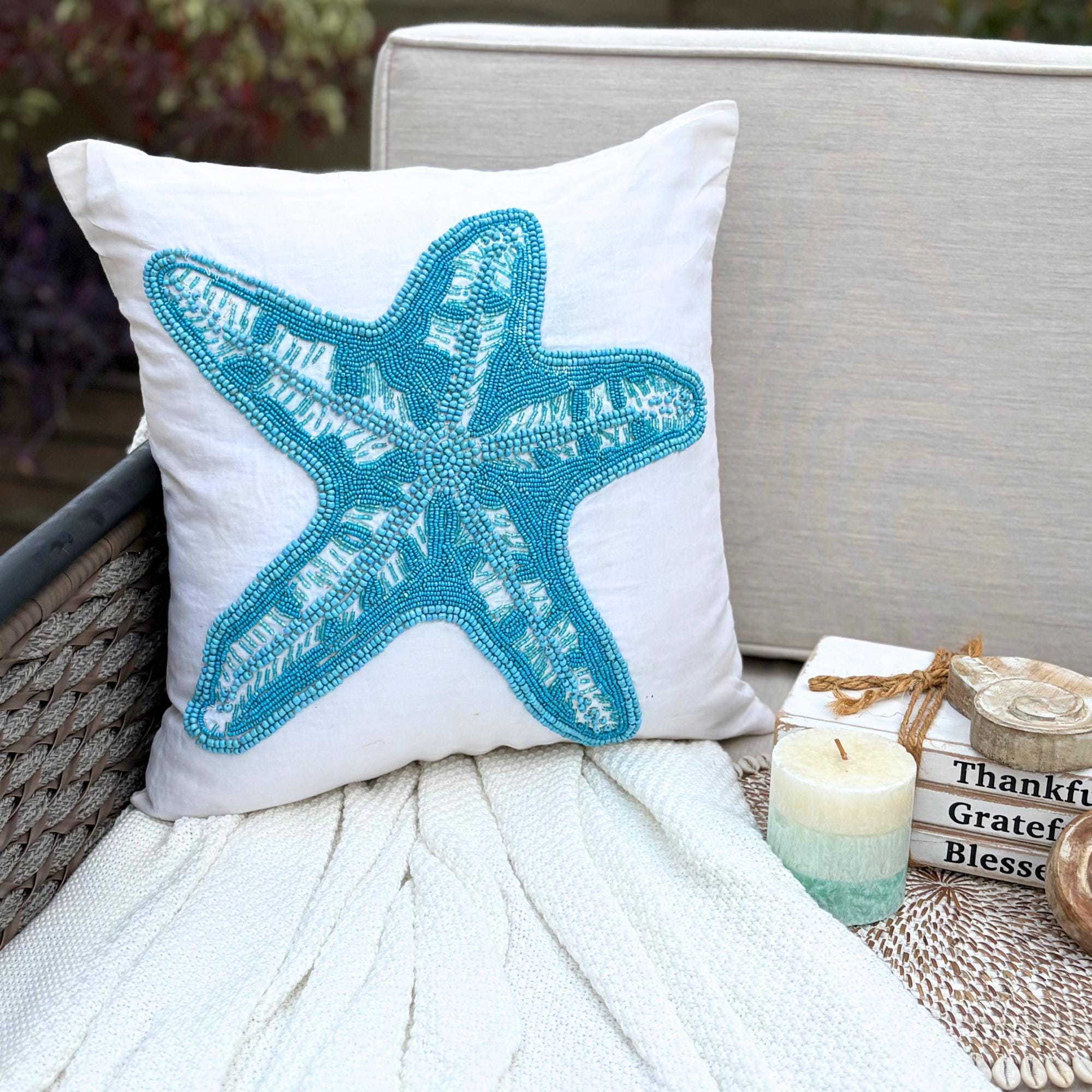 Blue Cotton & Linen, Beaded Sea Creature Pattern, Beach Style