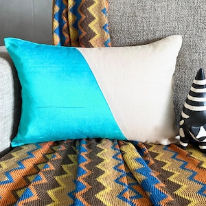 Turquoise Blue & Beige Velvet/Linen Color Block Decorative Lumbar Pillow Cover, Modern Style Oblong Cushion Cover - Velutinous Turquoise