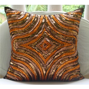 Designer Sequins Pillow Cover 16x16, Art Silk Toss Pillow Cover Orange Toss Cushion Geometric Pattern Art Deco Style Orange Illusion image 5