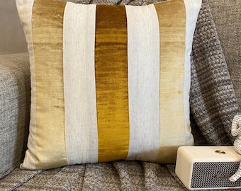 Decorative Throw Pillow Cover 16x16 Inch Velvet & Linen Cushion Cover Gold Striped Patchwork Modern Home Decor - Velvet Band Gold