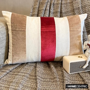 Decorative Oblong / Lumbar Throw Pillow Cover Beige / Cranberry Velvet / Linen Broad Stripe Patchwork Pillow Modern Decor - Swathe Cranberry