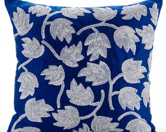 Designer Royal Blue Bed Pillow case 24"x24"/26"x26", Art Silk European Cushion Cover Tulip, Art Deco Throw Cushion Cover - Tulipomania