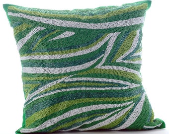 Decorative Green Euro Sham Cover 24"x24" / 26"x26", Art Silk Throw Pillow Cover Sea Waves, Striped Euro Pillow Sham - Green Dance