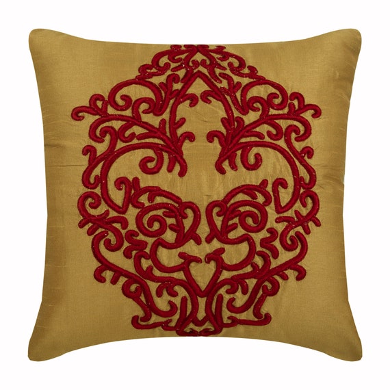 Decorative Red Gold Throw Cushion 16x16 Art Silk Throw Pillow