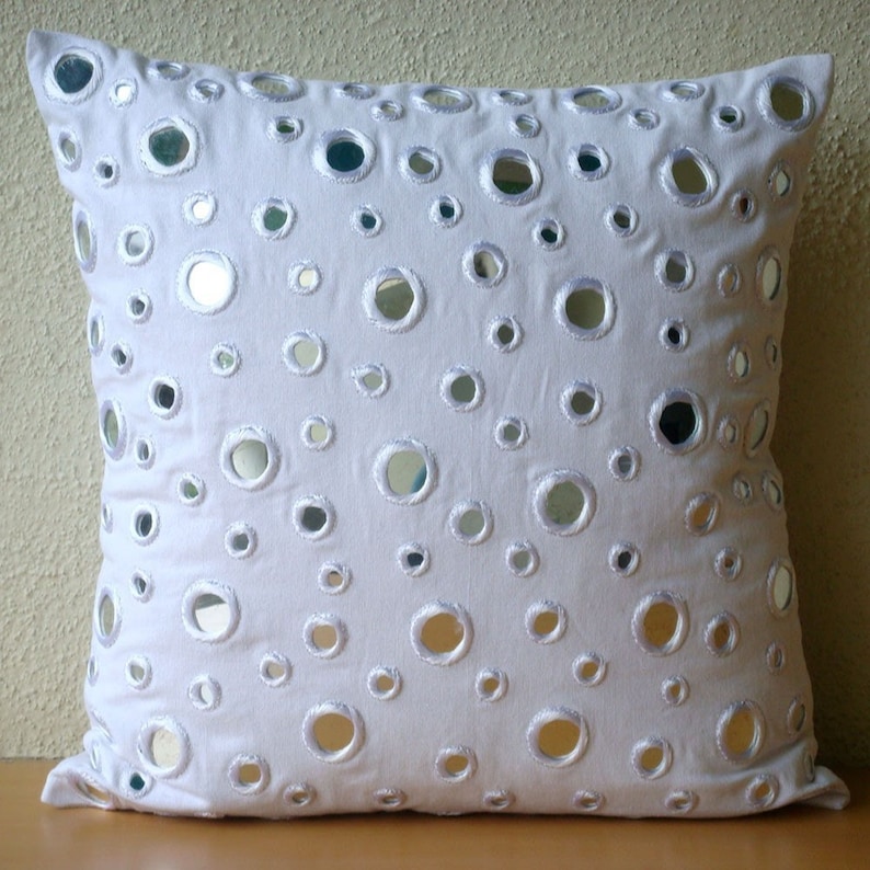 Designer White Cushion Pillow 16x16, Cotton Canvas Cushion Case Mirror Embroidery Pillow Case Cover Circles Dots White Mirrors image 6