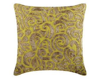 Designer Green Euro Sham 24"x24"/26"x26", Cotton Linen Throw Pillow Cover Bed Pillow case Abstract Pattern Contemporary - Gold Carnival