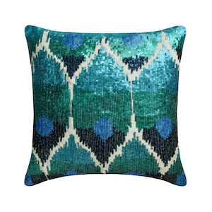 Decorative Throw Pillow Cover 16&quot;x16&quot; Designer Peacock Feather in Teal Blue/Peacock Green Ombre Sequins Embroidery, Peacock Decor - Mora
