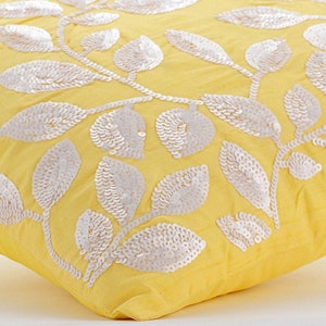 16x16 Designer Yellow Cushion Pillow, Art Silk Cushion Case Leaf Pillow Case Cover Nature Floral Tropical Style Nature Is Classy image 2