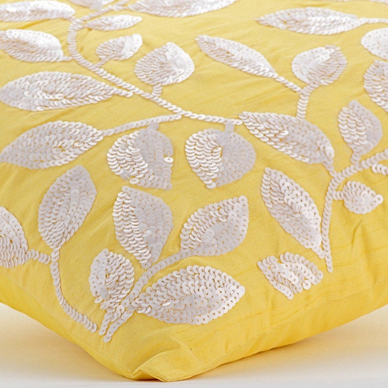 16x16 Designer Yellow Cushion Pillow, Art Silk Cushion Case Leaf Pillow Case Cover Nature Floral Tropical Style Nature Is Classy image 2