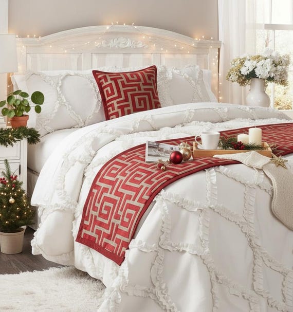 Chemin De Lit Pied De Lit – Taille 210 X 50 Cm, Motif Rayures Rouge Clair – En Coton/lin, Lavable Machine – Décoration Et Protection Pour Chambre, Hôtel, Mariage