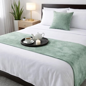 King / Queen / Twin Solid Velvet Bed Runner Pattern with Matching Throw Pillow Cover in Plain Green Bedroom Decor - Ice Blue Velvet Plush