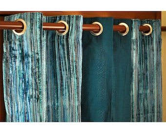 Teal Velvet Pin Stripes & Peacock Green Silk Curtain Panels 26&quot;x84&quot; Grommet Drapes Window Treatments