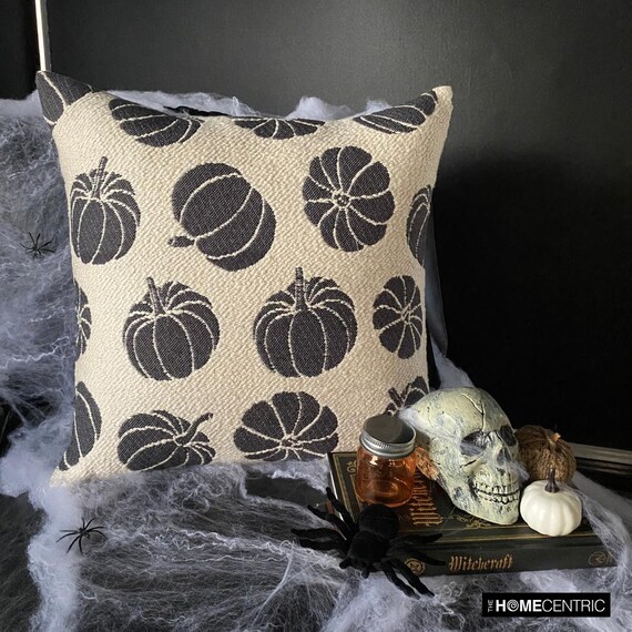 Halloween Throw Pillow Cover Black Pumpkin – Woven Cushion Cover