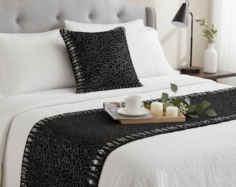 King / Queen / Twin Black Bed Runner and Matching Pillow Cover Set in Velvet with Mosaic Pattern and Crystals Bedroom Decor - Mosaic Noir