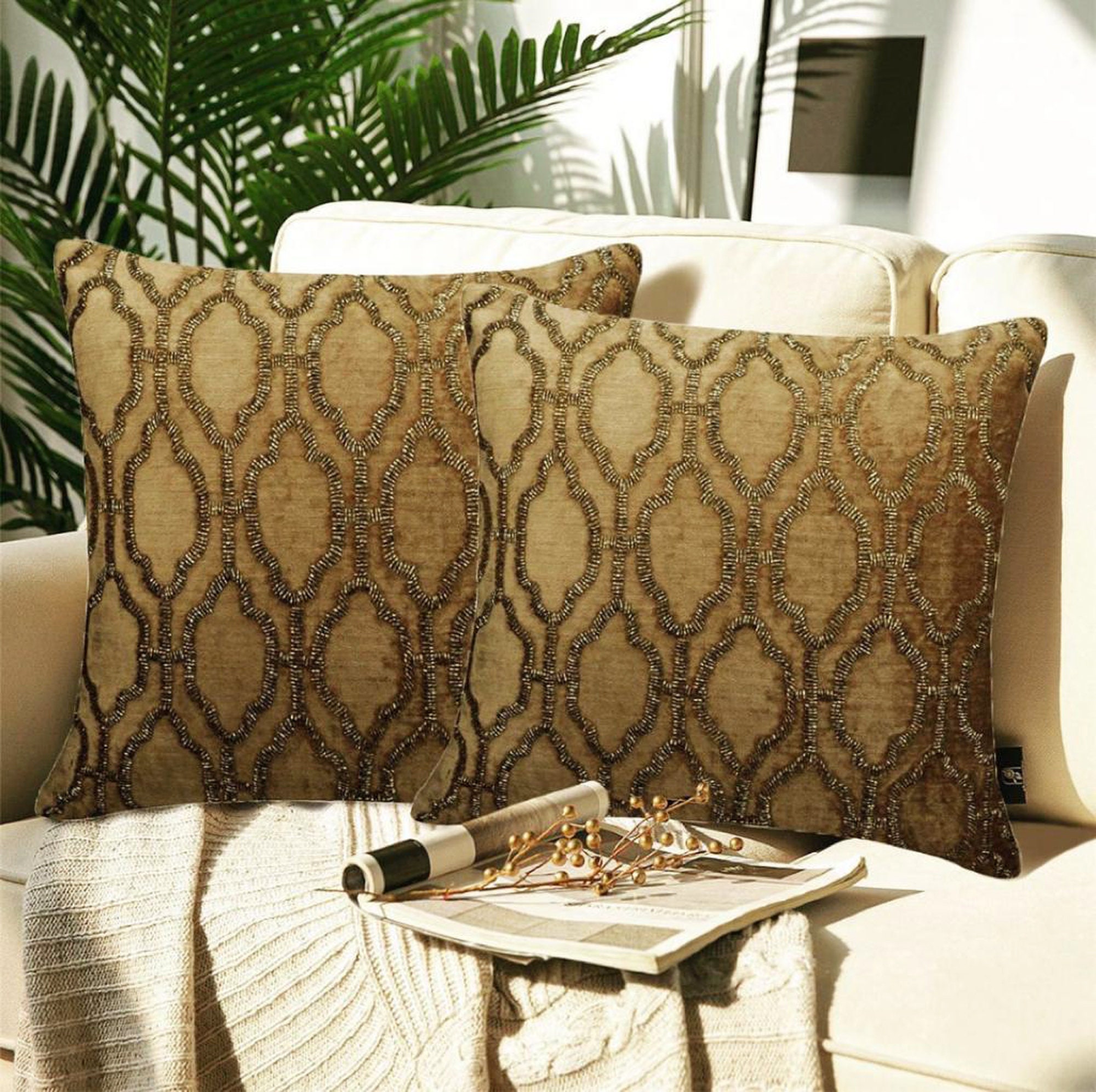 Decorative Pillow Cover 16x16 Velvet Throw Pillow Cover Gold Cushion Cover Beaded Pattern Modern Home Decor Pillow Stralight Gold Etsy