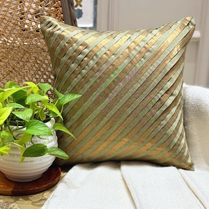 Olive Green Art Silk Striped Decorative Throw Pillow Cover, 16&quot;x16&quot; Pintucks Pillowcase, Modern Style Cushion Cover - Unfolding Olive Copper
