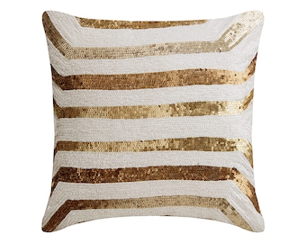 Silk Gold Pillow for Sofa 16"x16", Decorative Sofa Cushion Cover Striped Toss Pillows Abstract Pattern Modern Home Decor Pillow - Gold Gong