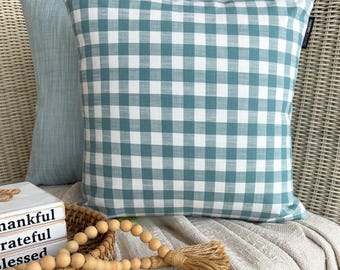 Checkered Throw Pillow Cover 16x16 Inch Cotton Buffalo Checks, Aqua and White Checks Pillow, Nursery Decor, Country & Farmhouse