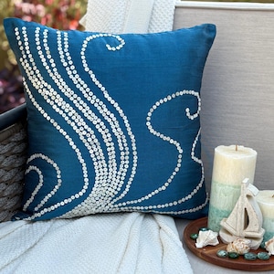 Abstract Pattern Art Silk Blue Pillow Sham, 24x24/26x26, Contemporary Style Euro Sham, Solid Square Pillowcase - Undersea Magic