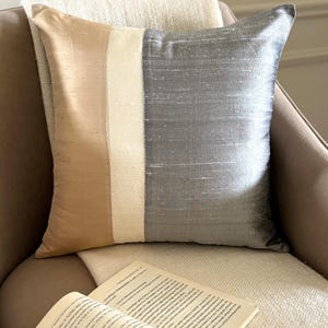 Pure Silk Decorative Throw Pillow Cover, 16"x16" Gold/Grey Color Block Square Cushion Cover, Modern Style Silk Pillowcase - Splendour Gold