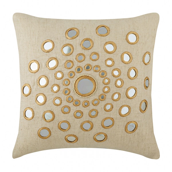 Decorative Beige Pillow Cushion 16"x16", Cotton Linen Pillow Case Cover Mirror Embroidery Couch Throw Circles & Dots - Circle Of Life