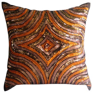 Designer Sequins Pillow Cover 16x16, Art Silk Toss Pillow Cover Orange Toss Cushion Geometric Pattern Art Deco Style Orange Illusion image 1