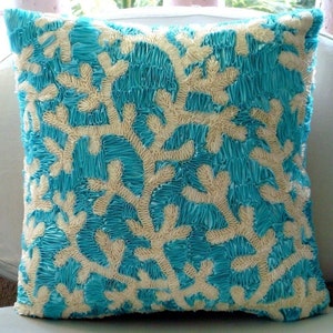 16x16 Handmade Aqua Blue Sofa Cushion Cover, Art Silk Throw Pillow Cover Corals Throw Pillow Case Sea Creatures Beach Aqua Ornate image 6