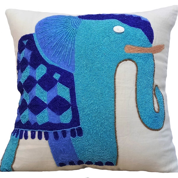 16"x16" Handmade Blue Cushion Case, Cotton Linen Pillow Cushion Elephant Throw Pillow Cover Animal Pattern Traditional Style - Blue Elephant