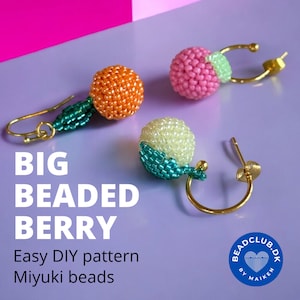 May include: A pair of beaded earrings featuring a large, round, orange bead and a smaller, green leaf-shaped bead. The earrings are made with Miyuki beads and are part of an easy DIY pattern. The image also includes a pink and green beaded earring and a logo for Beadclub.dk by Maiken.