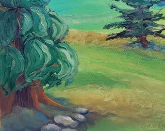 Séquoia et sapin 1. Peinture à l’huile de paysage abstrait original