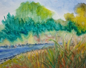 Willamette River #65. Original 9x6-inch abstract landscape watercolor painting