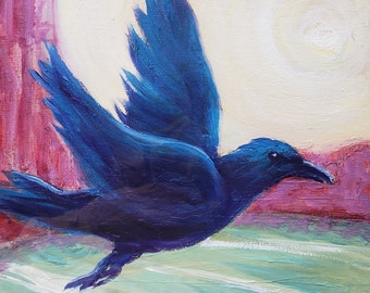 Crow in the Canyon 1.2 original abstract wildlife bird oil painting