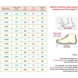 May include: A shoe size conversion chart with measurements in inches and centimeters, US men's and women's sizes, and labeled sizes. The chart includes a diagram illustrating how to measure foot length. Text on the image reads: "Before choosing sizes please measure your foot length !!!"