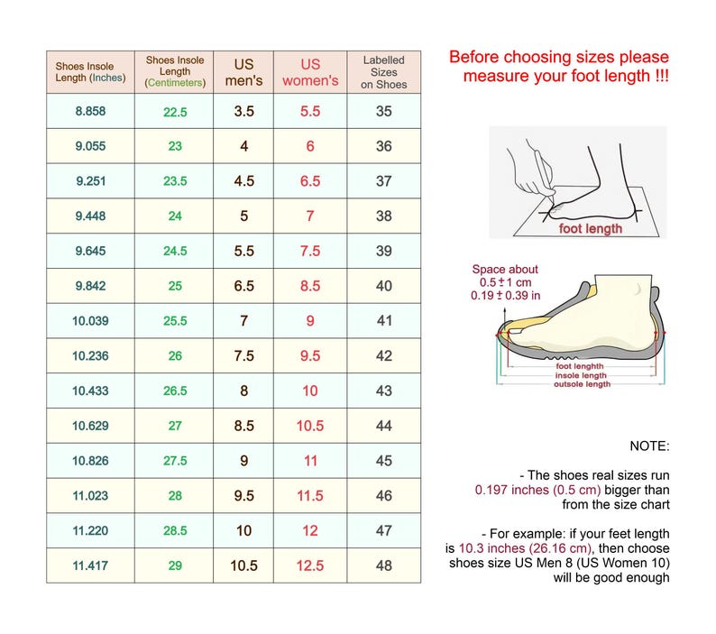 May include: A shoe size conversion chart with measurements in inches and centimeters, US men's and women's sizes, and labeled sizes. The chart includes a diagram illustrating how to measure foot length. Text on the image reads: "Before choosing sizes please measure your foot length !!!"