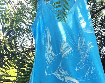 Organic Cotton Sundress - Fly Away Sparrows - White on Sky Blue | Hand Printed Maxi Dress | Screen Print Dresses