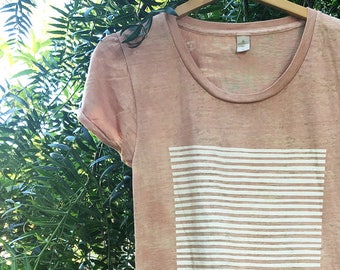 Stripes & Stripes - Nude Burnout Women's T-shirt | Slim Fit Womens T Shirts | Hand Printed Tops | Striped Cotton Blend Top