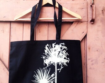 Organic Cotton Canvas Market Tote - Agapanthus, Bone on Black | Hand Printed Tote Bag | Screen Print Bags Totes