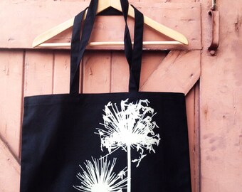 Bio-Baumwolle Leinwand Markt Tote - Agapanthus, Knochen auf schwarz | Von Hand gedruckt Tasche | Siebdruck Taschen Taschen