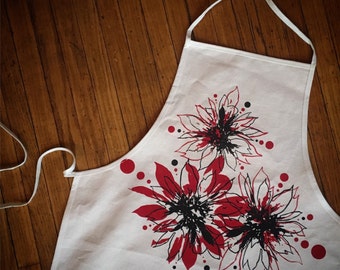 Hand Printed Holiday Kitchen Apron Winter Poinsettias on Unbleached Cotton Canvas | Christmas Aprons | Handmade Holidays Gift