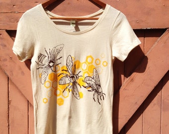 Honeybee Organic Cotton T-Shirt - Classic Crew | Hand Printed Organics Tshirt | Natural Handmade Honey Bee Shirts