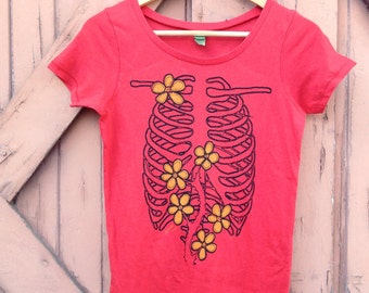 Rib Cage Garden Organic Cotton Ladies Scoop Neck TShirt in Cherry Red