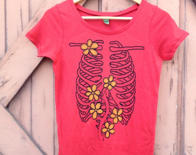 Rib Cage Garden Organic Cotton Ladies Scoop Neck TShirt in Cherry Red