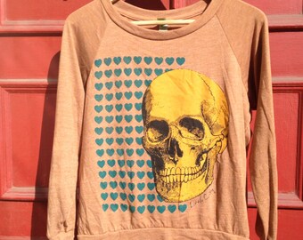 Halloween Costume Skull Print Organic Cotton Eco Blend Pullover | Hand Printed Skulls and Hearts Shirt | Screen Print Long Sleeve Pullovers