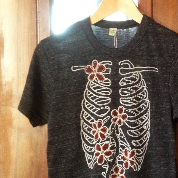 Halloween Costume Hand Printed Ribcage Garden Tshirt | Organic Cotton Eco Blend Shirt | Skeleton Screen Print T-Shirt