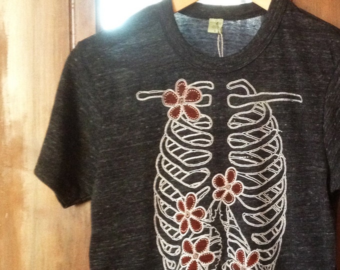 Halloween Costume Hand Printed Ribcage Garden Tshirt | Organic Cotton Eco Blend Shirt | Skeleton Screen Print T-Shirt