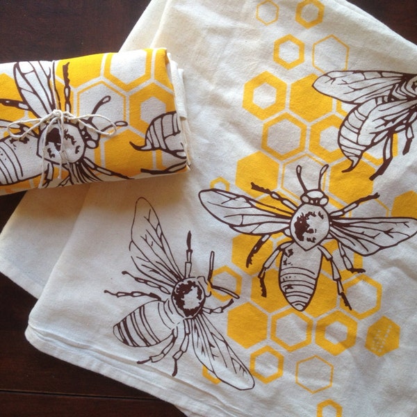 Honey Bees Flour Sack Tea Towels - Set of 2 | Honeybee Towel | Handmade Holiday Gift | Hand Printed Gifts